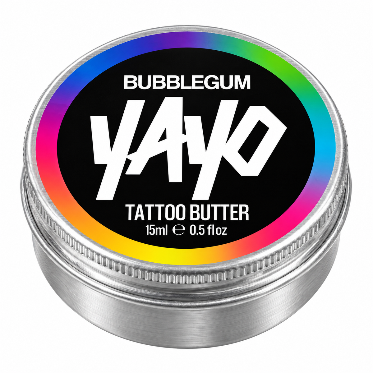 A round metal tin of YAYO Bubblegum Tattoo Butter, 15ml, featuring a black label with a vibrant rainbow gradient border and bold white lettering.