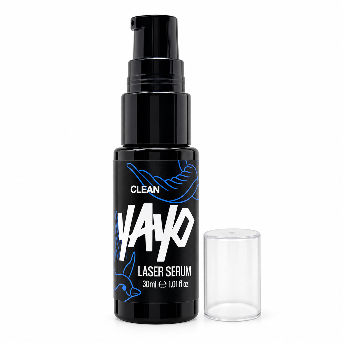 A black pump bottle of YAYO Clean Laser Serum with a clear cylindrical cap placed beside it on a plain white background.