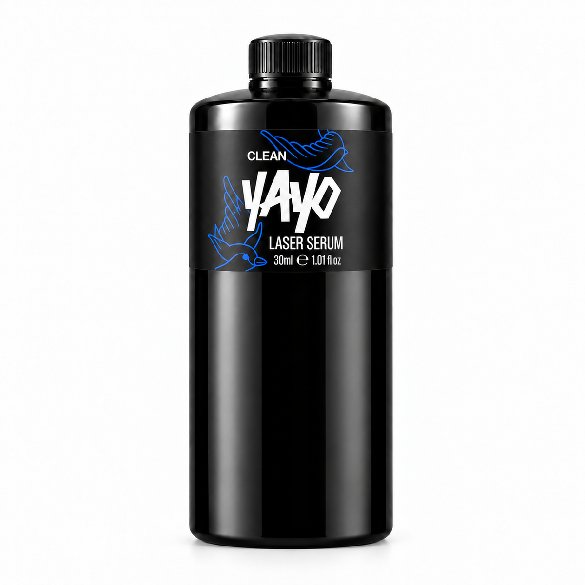 A 500ml black bottle of YAYO Clean Laser Serum with a black ribbed cap, featuring a black label with white and blue branding, on a solid white background.