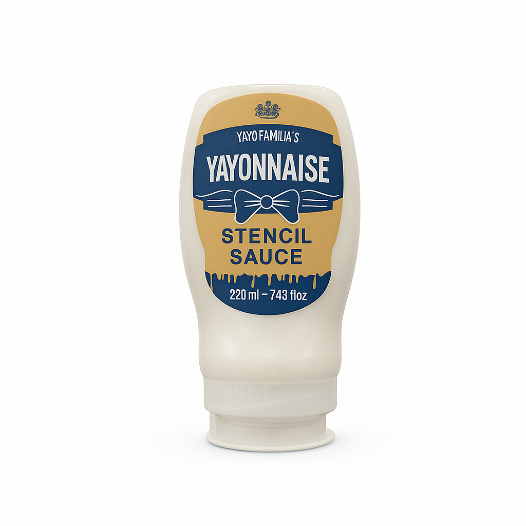 Yayonnaise stencil sauce bottle with blue and beige label on a white background
