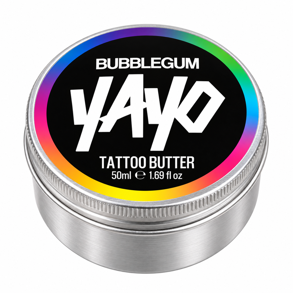 A round silver metal tin of YAYO Bubblegum Tattoo Butter, 50ml, featuring a black label with a vibrant rainbow border and bold white lettering.