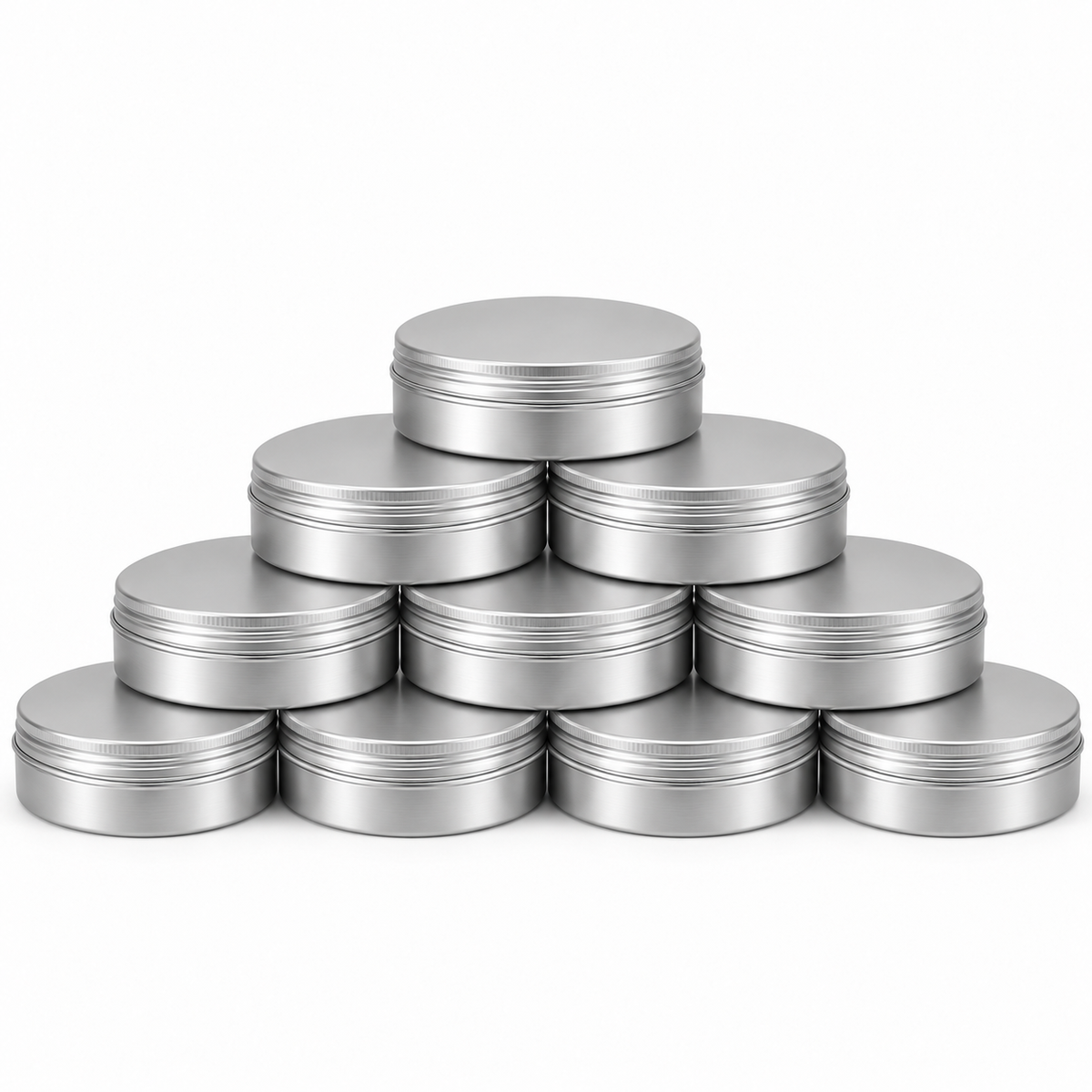 A stack of round silver metal tin containers with screw-on lids, arranged in a pyramid shape on a plain white background.